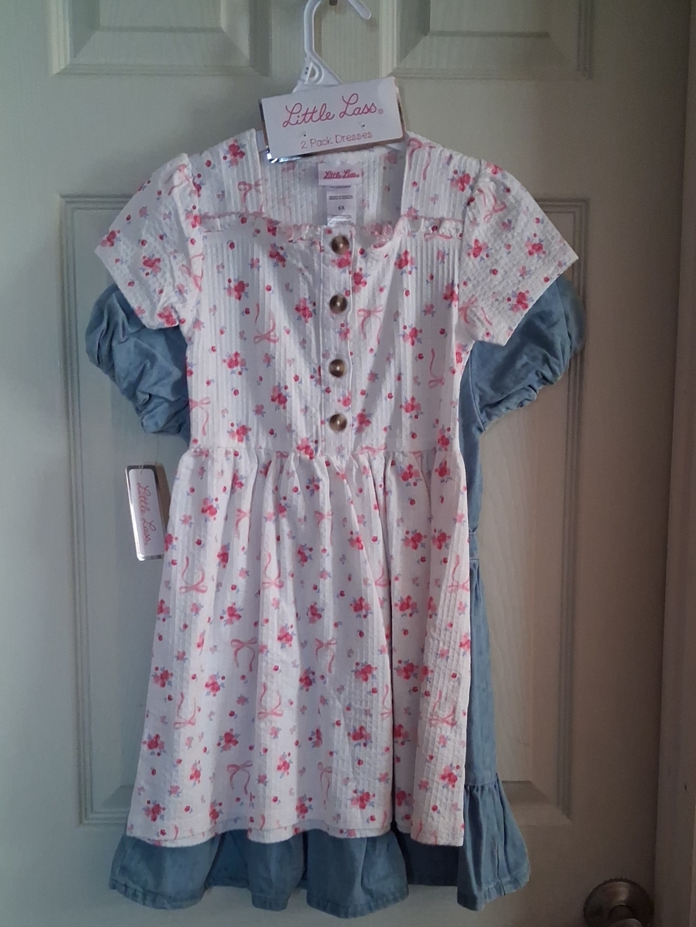 Little Lass White Dress with Pink Floral Print and Wooden Buttons